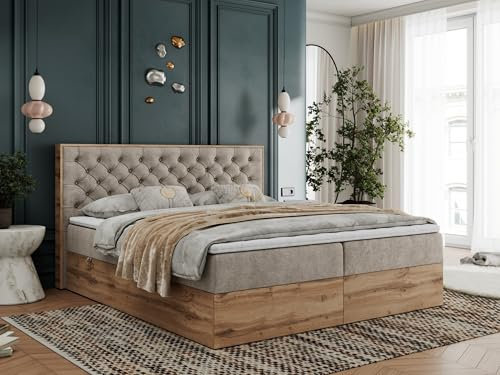 MKS MEBLE Boxspringbett 200x200 mit Bettkasten Holz Holzrahmen, Boxbett 200x200 mit Matratze H3 und Kopfteil - Beige Struktur - Albero-3