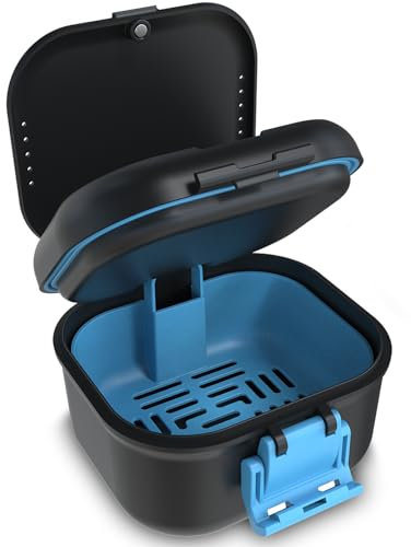 BVN Auslaufsicher Prothese Box, Aufgewertete Trageaufbewahrung, Zahnbadbox Mit Filter, Zahnschale Zum Einweichen Von Zahnersatz, Reise Retainer Reinigungskoffer Für (schwarz+blau).