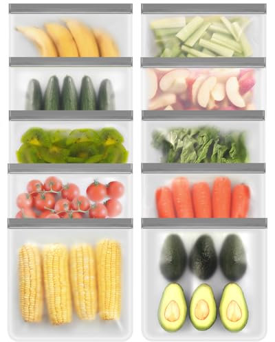 LKSUMPT Wiederverwendbare Gefrierbeutel, 10 Stück, wiederverwendbare Quartbeutel, versiegeln und auslaufsicher, BPA-freie Aufbewahrungstasche zum Marinieren von Fleisch, Gemüse, Heimorganisation