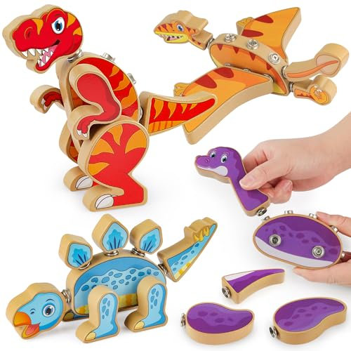 Coogam Dinosaur Snap Together Bauspielzeug, Holz Demontage Dinosaurier-Spielzeug, Trocken Montessori Bildung Feinmotor Skills Spielzeug Geschenk für Kinder 3 4 5 Jahre alt