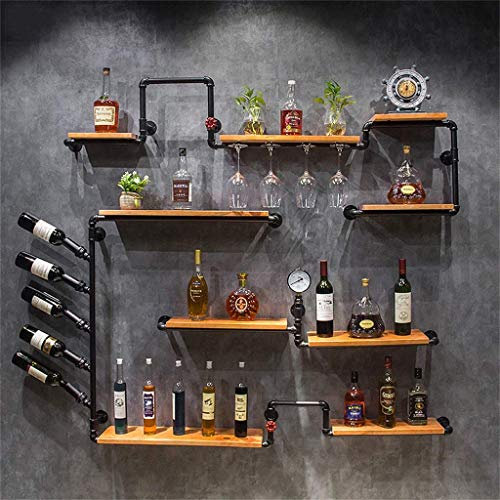 Étagères Armoire à vin Murale Porte-Bouteilles et Verres de vin en Bois, Supports de Verres à Pied, étagère de Rangement, étagères d'unité de décoration Murale, Conception de Conduite d'eau en Fer,