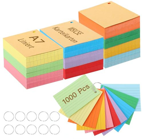 1000 Blätter Karteikarten A7, Linierte Karteikarten 150g/m² Blanko Papier Karten Vokabelkarten mit 10 Binderinge 20 Kraftpapierhüllen für Schule Büro Erinnerung Präsentation (10 Farben)