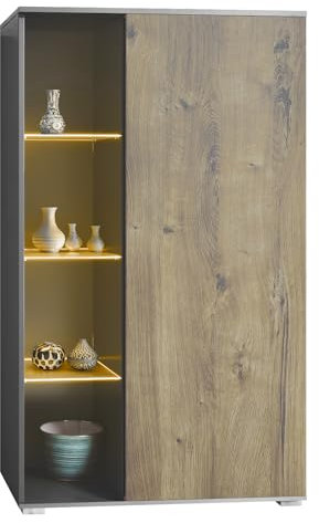 Vladon Vitrine Davos, Made in Germany, Standvitrine mit 3 Glasböden und 8 Fächer inkl. LED, Anthrazit matt/Eiche Ribbeck (71,5 x 134 x 35 cm)