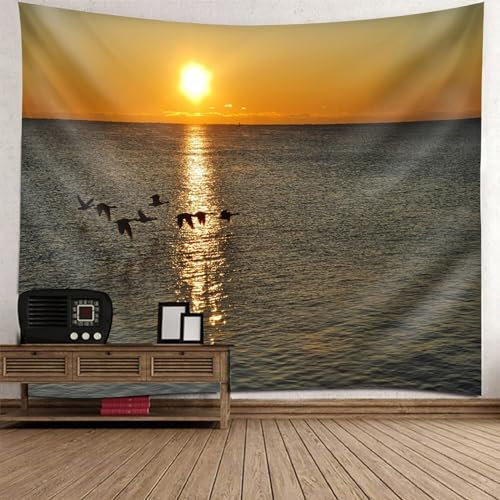 Epinki Tapisserie 210x140cm, Landschaft Natur Wandteppich Sonnenaufgang Meergull Meer Wandteppiche Grau Grün aus Polyester, Wandtücher für Zimmer Wohnheim Schlafazimmer