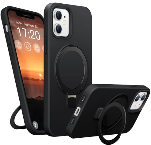 BENTIACC Liquid Silikon handyhülle für iPhone 12 hülle,iPhone 12 Pro hülle, für MagSafe mit Unsichtbarem Ständer 4 Schichten stoßfeste Kratzfeste Schutzhülle für iPhone 12/12 Pro (Schwarz)