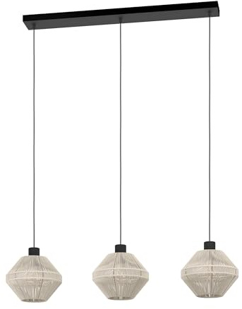 EGLO Hängelampe Midsumer, Pendelleuchte 3-flammig über Esstisch | Esszimmerlampe Japanisch, Metall in Schwarz und Textil in Creme, E27 Fassung, Ø 38 cm