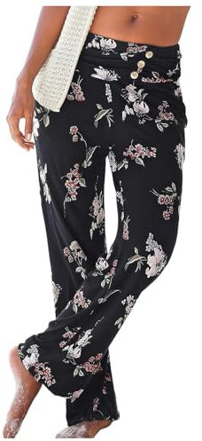 Summer Boho Women's Trousers - UK, 2024 Beach Drawstring Elasticated Waist Lounge Vintage Floral Print Linen Baggy Harem Hippie Pants with Pockets (Khaki, XXL)