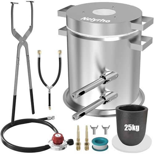 Nelyrho Kit de horno de fusión de propano de 25 kg con pinzas de elevación hechas de acero inoxidable, incluye horno de fundición de crisol para fundición de chatarra, reciclaje de metal dorado,