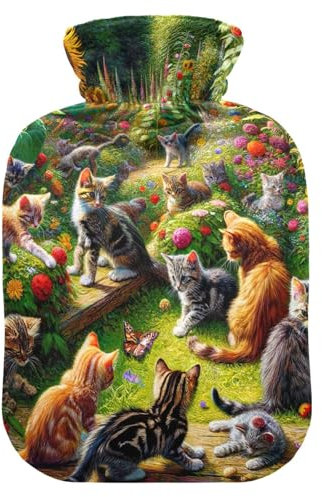 Garden Cats and Kittens Hot Water Bottle with Velvet Cover Hot Water Bag for Hot and Cold Compress, 2L
