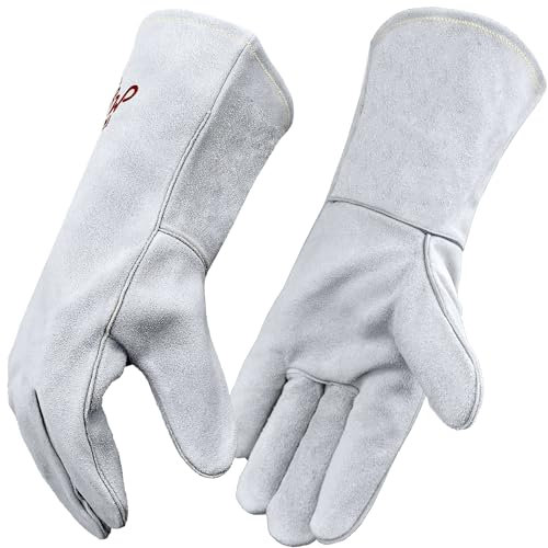 MYSAFETY Gant Cuir Barbecue Homme Femme, Anti Chaleur Coupure, Gants de Travail Pour Soudure,Cheminée,Four,BBQ,Jardinage,Jardin,Travaux,Electricien,Cuisine.Blanc