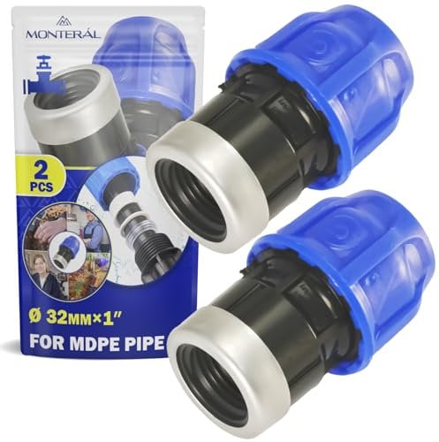 2 Piezas Racor Manguito Ø 32 mm x 1″ con Rosca Hembra Reforzada con Anillo de Acero Galvanizado de Polipropileno de Polipropileno PP para Conectar Tubo Polietileno PE - MONTERAL