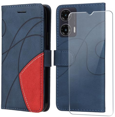 FHSYCR Hülle für Motorola Moto G35 5G Leder Handyhülle mit Displayschutzfolie, mit Kartenfächer und Magnetverschluss, PU Flip Brieftasche Case Schutzhülle für Motorola Moto G35 5G - Blau