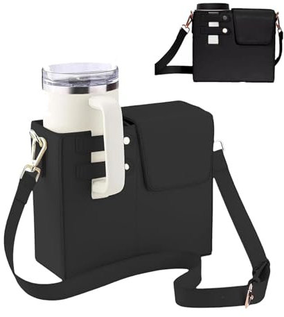OKESYO Tasche Stanley Cup, 40oz Tasche für Stanley Cup, Stanley Cup Zubehör für Meisten Wasserflaschen, Stanley Cup Tasche mit Fach und Verstellbarem Schultergurt(Schwarz)