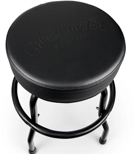 Martin - Tone On Tone Black Barstool; Barhocker für Musiker; gepolsterter Sitz mit schwarzem Logo Ton in Ton; um 360 ° drehbar; Höhe 61,6 cm; robuster schwarzer Sockel; einfach zu montieren