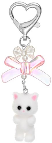 Porte-clés en forme de chat pelucheux - Joli porte-clés blanc esthétique Y2k - Décoration kawaii en forme de cœur - Nœud - Cadeau amusant pour les amoureux des chats, les femmes, les adolescentes et