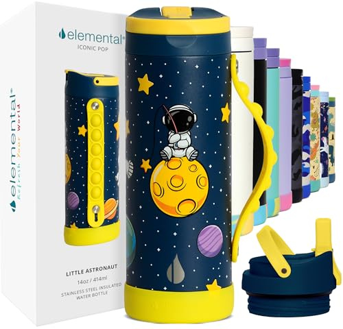 Elemental Iconic Children Water Bottle for School - 100% Leak-Proof Insulated Water Bottles with Straw Lid & Pop-It Handle for Boys & Girls - Triple-Wall Insulated & BPA-Free, 14oz – Little Astronaut