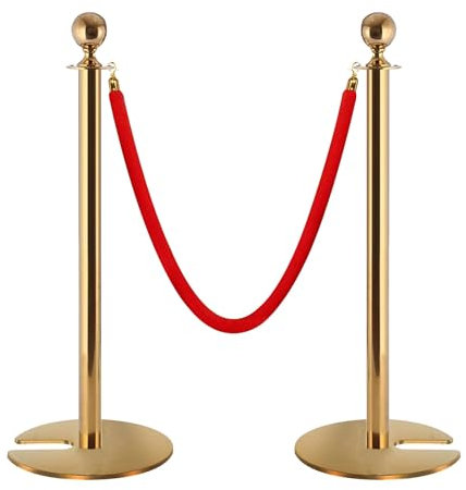 Ensemble de Poteaux et de Cordes for Tapis Rouge, Poteau de Guidage avec Corde en Velours Rouge de 1,5 M, Barrières de Sécurité en Corde avec Base en Métal Solide(Gold)