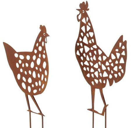 ReWu Gartenstab Pollo Huhn - Hahn & Henne - 2er-Set Gartenstecker Beetstecker Rankstab Edelrost Rost Gartendeko Rostdeko Rostoptik Pflanzstecker