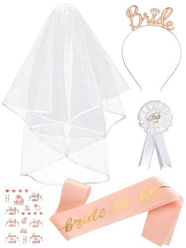 JUNEBRUSHS Bride to be Schärpe Schleier, 5 Stück Frauen Junggesellinnenabschied Accessoires Weiß Braut Tiara JGA mit Rosegold Stirnband Brosche Tattoo Aufkleber für Bachelorette Party Hochzeitsfotogra