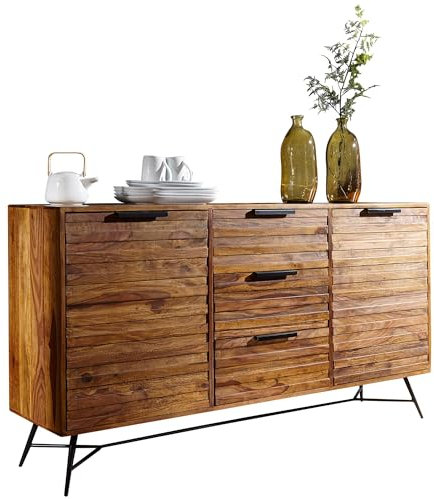 Design Sideboard Nishan 160 x 40 x 88 cm Sheesham Massiv Holz | Kommode mit Türen & Schubladen | Massive Anrichte Industrial | Massivholz Schrank mit Metallbeinen