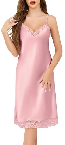 Sopesil Chemise de Nuit Femme en Satin Nuisette Sexy en Dentelle avec Col en V Longue pour Été sans Manches Bretelles Taille S-XXL