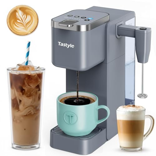 Tastyle Einzelportion-Kaffeemaschine mit eingebautem, abnehmbarem Milchaufschäumer, Eis- und Heißkaffeemaschine für K-Tasse und -gemahlen, abnehmbarer Wasserspeicher, 6 Tassengrößen, passend für 18,5