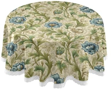 miaozhen Nappe moderne William Morris vintage motif fleurs de lys 152,4 cm lavable en polyester bordé de dentelle pour table de cheminée