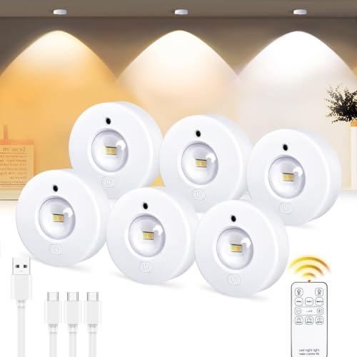 LED Schrankbeleuchtung & Vitrinenbeleuchtung Kabellos mit Fernbedienung & Touch – Unterbauleuchte Küche LED, USB Aufladbar, Dimmbar mit 3 Farbtemperaturen, Timer, Magnetische Akkuleuchte, 6er Pack
