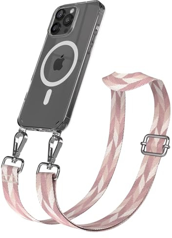 EAZY CASE Handykette - Verstellbares Taschenband kompatibel mit iPhone 16 Pro Max, Schulterriemen, Handykordel mit Silikon Hülle, Qi Charging kompatibel, Umhängetasche, Rosa Mix Silber