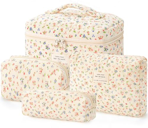Xtrillogen 4er Set Kosmetiktasche,Kulturtasche Damen Kulturbeutel Make Up Tasche Schminktasche Mädchen,Tragbare Reise Makeup Bag für Frauen Reisetasche Waschtasche für Alltag Reisen (Kleine Blume)