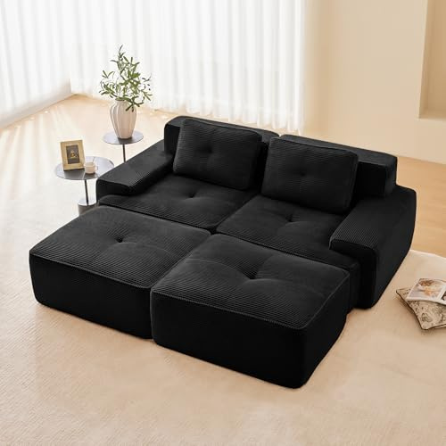Dolamaní Boneless Modular 2-Sitzer-Sofa + 2 Hockern Cord, montagefrei, Tiefem Sitz, modernes Ecksofa Eckcouch Couch für Wohnzimmer/Schlafzimmer/Büro/Wohnung (Schwarz)
