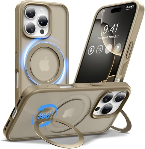 Anqrp 360° ALL-in-ONE Stand Case for iPhone 16 Pro with Rotatable Magnetic KickStand Ring Holder, Compatible with MagSafe, MIL-Grade Shockproof iPhone 16 Pro Phone Case Cover 6.3 Titanium Gold