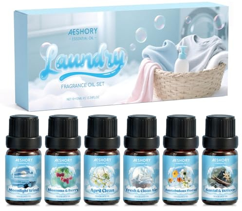 AESHORY Wäsche Ätherische Öle Set für Diffuser 6 x 10ML, Aromatherapie Duftöl Geschenkset - Frische & Saubere Luft, Aprilreinigung, Fantastischer Blumenduft, Sandelholz & Vetiver, Blüten & Beeren