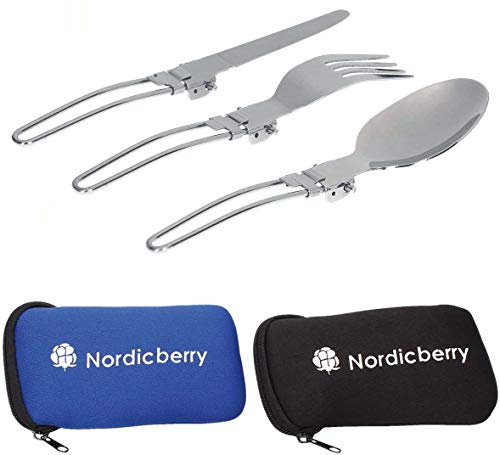 NORDICBERRY Premium Outdoor Klappbesteck und Campingbesteck aus hochwertigem Edelstahl mit Neoprentasche (Doppelpack II)