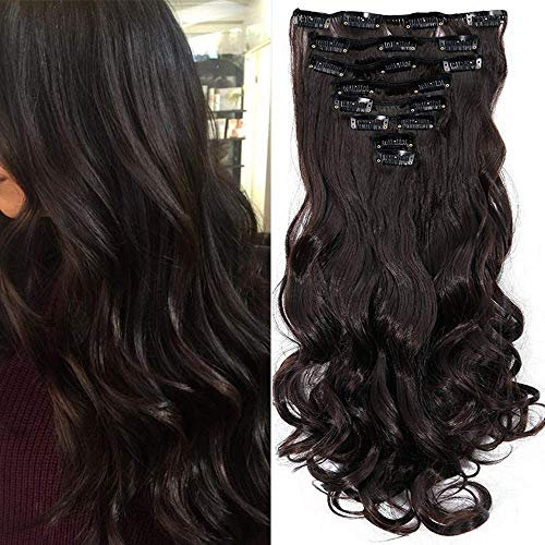Elailite Clip in Extensions wie Echthaar Haarteile 8 Tresssen günstig komplette Haarverlängerung Gewellt 24(60cm)-140g Dunkelbraun