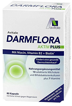 Avitale Darmflora Aktiv Plus mit 100 Mrd. Milchsäure– & Bifidobakterien aus 10 selektierten Stämmen und Vitamin A, B1, B2, B6, Biotin, Folsäure & Niacin, 80 Kapseln