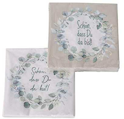 2 x 20 Servietten 'Eukalyptus - Schön, dass Du da bist!' weiß, hellbraun, grün - 3-lagig 33 x 33 cm
