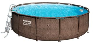 Bestway 56664 Piscine hors sol Power Steel™ effet rotin diamète 427 x 107 cm, filtre à cartouche skimatic, bâche, échelle