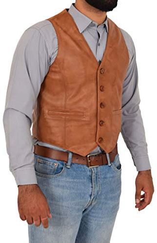 A1 FASHION GOODS Mens Full Leather Waistcoat Tan Gilet Traditional Smart Vest - King
