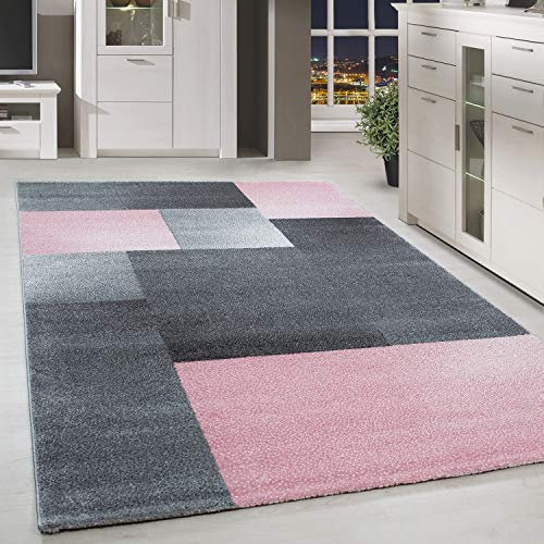 HomebyHome Teppich Wohnzimmer 120x170 cm Grau und Rosa Kariert Design - Schlafzimmer Teppich Kurzflor Extra Weich Pflegeleicht Teppiche Waschbar für Küche Esszimmer - Carpet Living Room