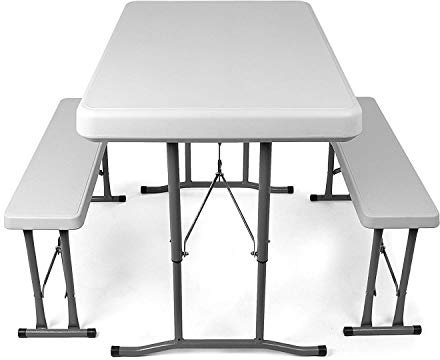 MaxxGarden Campingtisch XL Klappbar mit Bänken - Klapptisch Camping & Garten - Buffettisch - Tisch Multifunktionstisch Mit Griff - 112,5x61,5x71,5 cm - Wetterfest Tragbar - Kunststoff - Faltbar - Weiß
