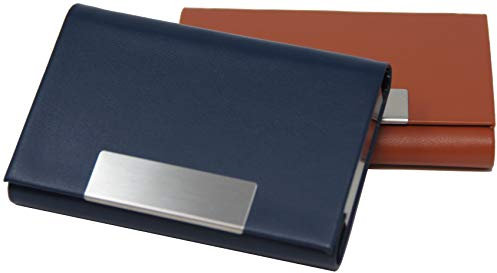 Visitenkartenetui - hochwertiges Kunstleder mit Magnetverschluss in gebürstetem Edelstahl, edle Visitenkartenbox im Business-Look von K.DESIGNS 2er Set Blau + Braun