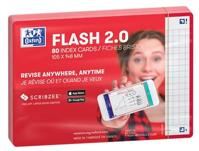 Oxford Flash 2.0 - 80 Fiches Bristol Flash Cards A6 (10,5 x 14,8cm) Petits Carreaux Cadre Rouge