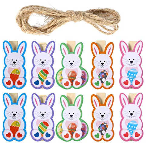 Amosfun Ostern Clips Holz Mini Osterhase Eier Foto Bild Clips Papier Memo Note Peg Klemme Mini- Wäscheklammern mit Juteschnur für Ostern Hochzeit Hängend Deko 40 Stück