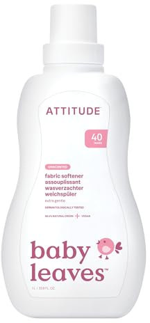 ATTITUDE Baby Fabric Softener Liquid, EWG Verified, Safe for Baby Clothes, Infant and Newborn, Vegan and Naturally Derived Washing Soap, HE Compatible, Unscented, 40 Loads, 1.04 Liter