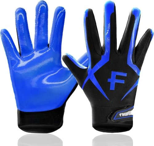 FINGER TEN American Football Receiver Handschuhe für Youth Jungen Mädchen, Torwarthandschuhe Impact Palm Protection, Wasserdicht Gloves Fit Kinder Alter 5-14 (Blau, XL)