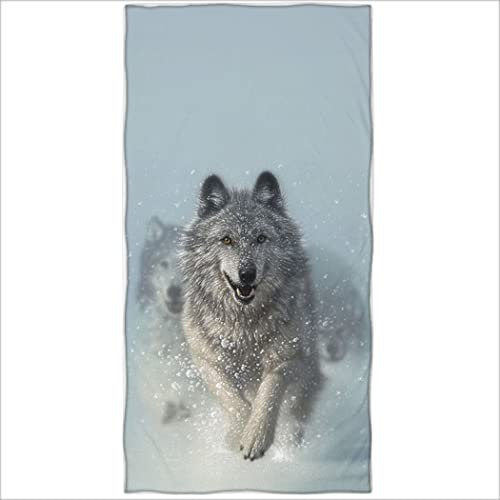 Zomer Strandtuch 70x140cm,Bedrucktes Mikrofaser Badetuch-Grau Weißer Wolf