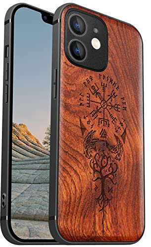 Carveit Magnetisch Hülle für iPhone 12 mini [Elegante Rosenholz] [Weich TPU Stoßstange] Stoßfeste Handyhülle Kompatibel mit 12mini Magsafe Hülle Holz （Wikingerkompass Vegvisir）