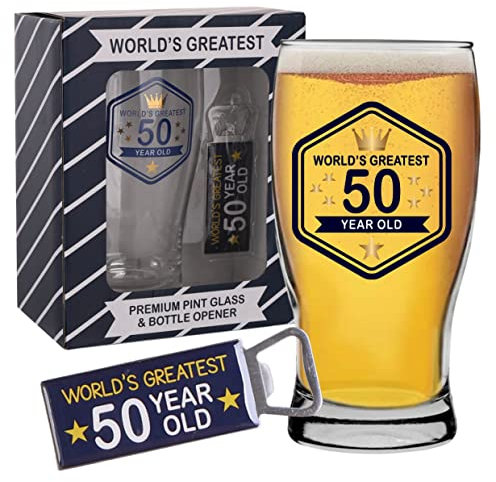 Pint Glass Beer Glass for 50th Birthday with Bottle Opener. Gifts or Presents for Men on 50th