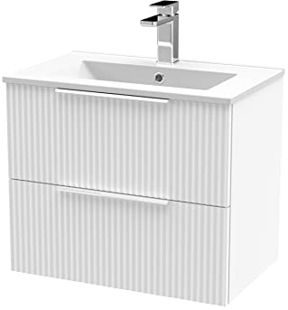 Hudson Reed DFF193B Fluted Modern Bathroom Wall Hung 2 Drawer Vanity Unit with Minimalist Ceramic Basin, Satin White